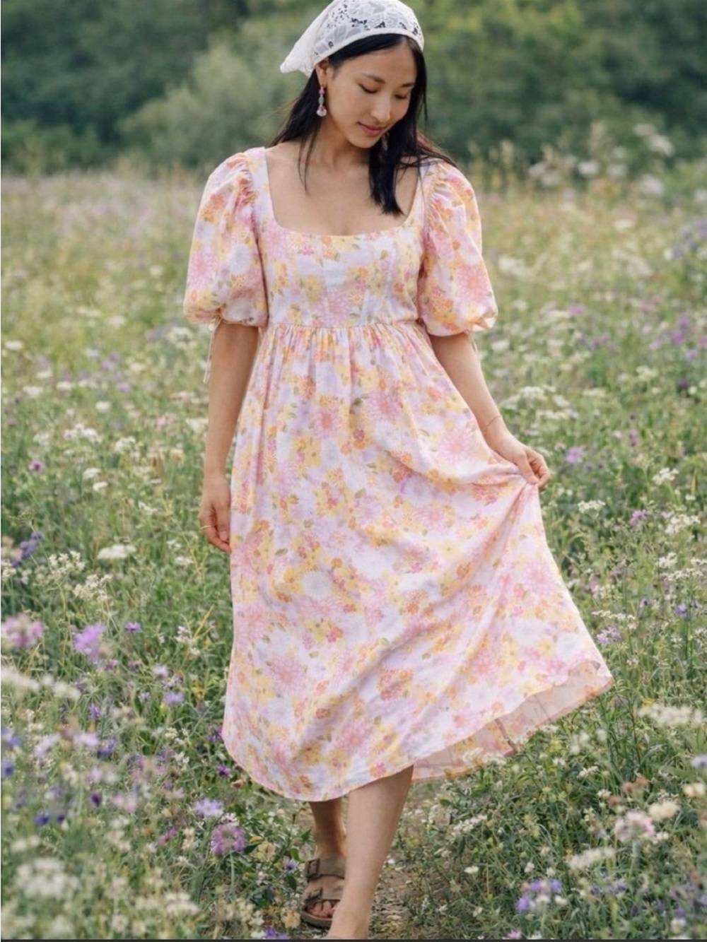 For Love & Lemons Pastel Pink Floral Puff-Sleeve Midi Dress